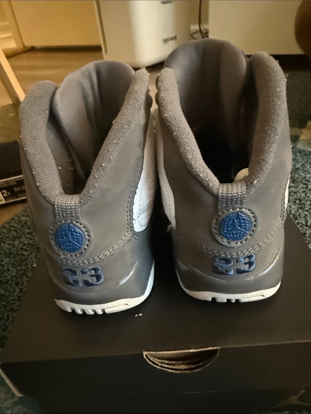 Jordan 9’s Kids Gray and Navy High-Top Sneakers